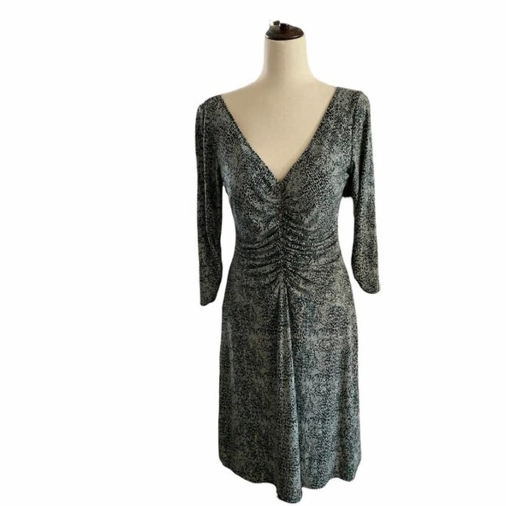 Laundry Grey animal print dress. Gathered in front. Deep‎ V. Long sleeve size M